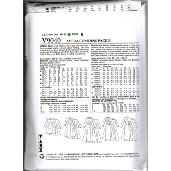 Vogue V9040 Misses 6 to 14 Fitted and Flared Coat Uncut Sewing Pattern - Picture 2 of 2